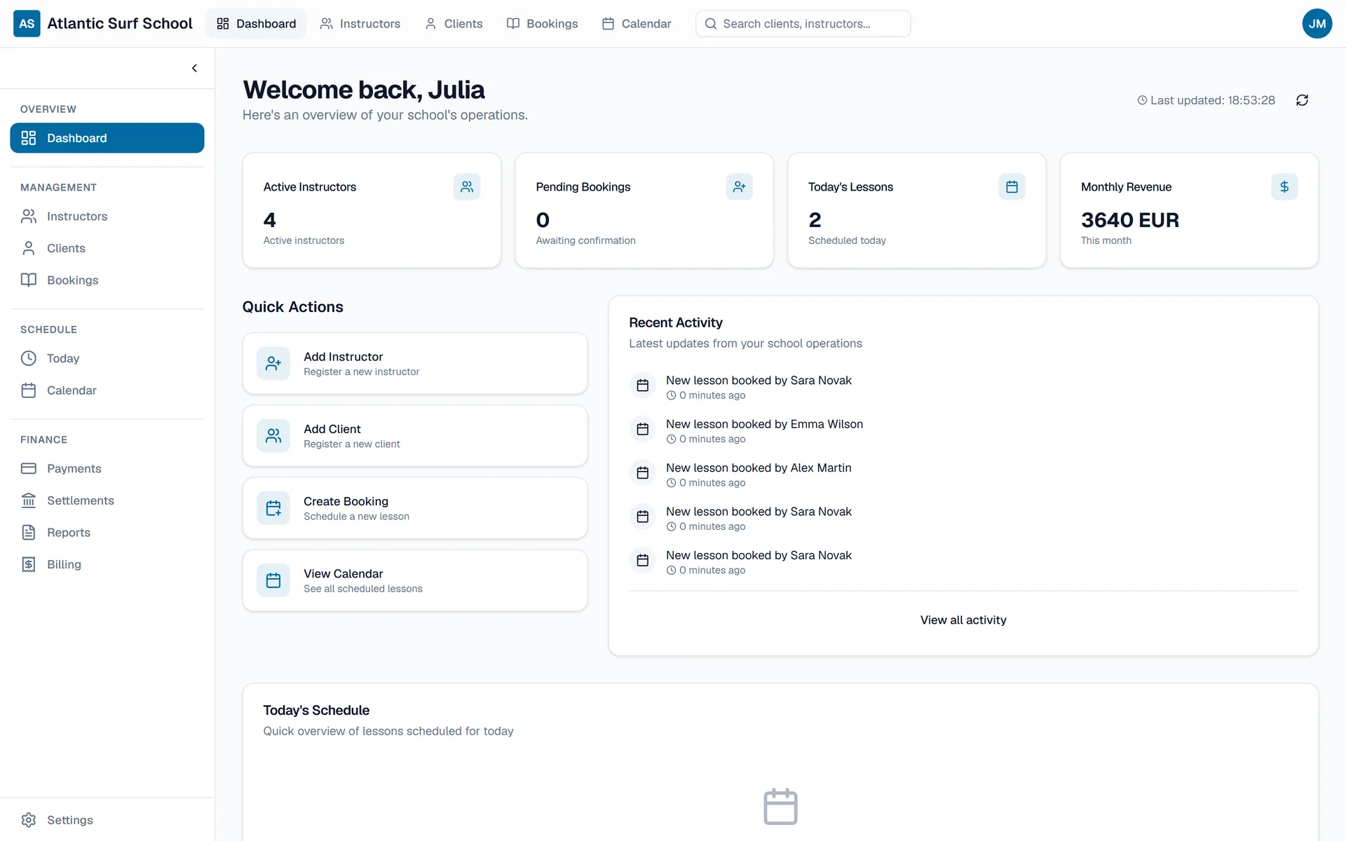 instruo.io dashboard of Atlantic Surf School: stat cards, quick actions and recent activity