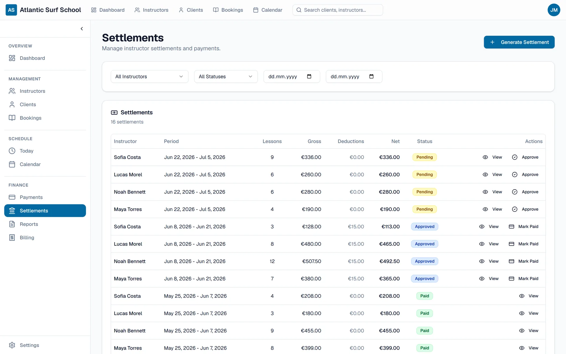 Settlements table with instructor payouts and statuses